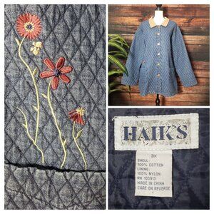 HAIKS Vintage Jacket 3X Quilted Denim Floral Embroidered Nylon Lined Chore Coat